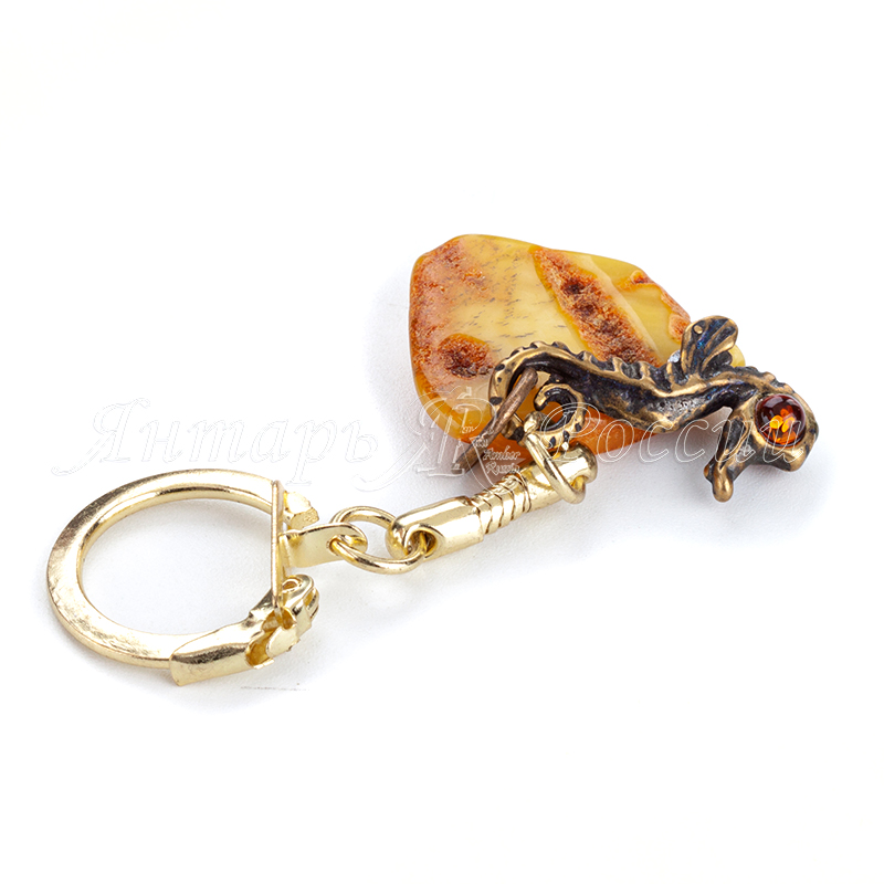 Конек морской, брелок Латунь, янтарь